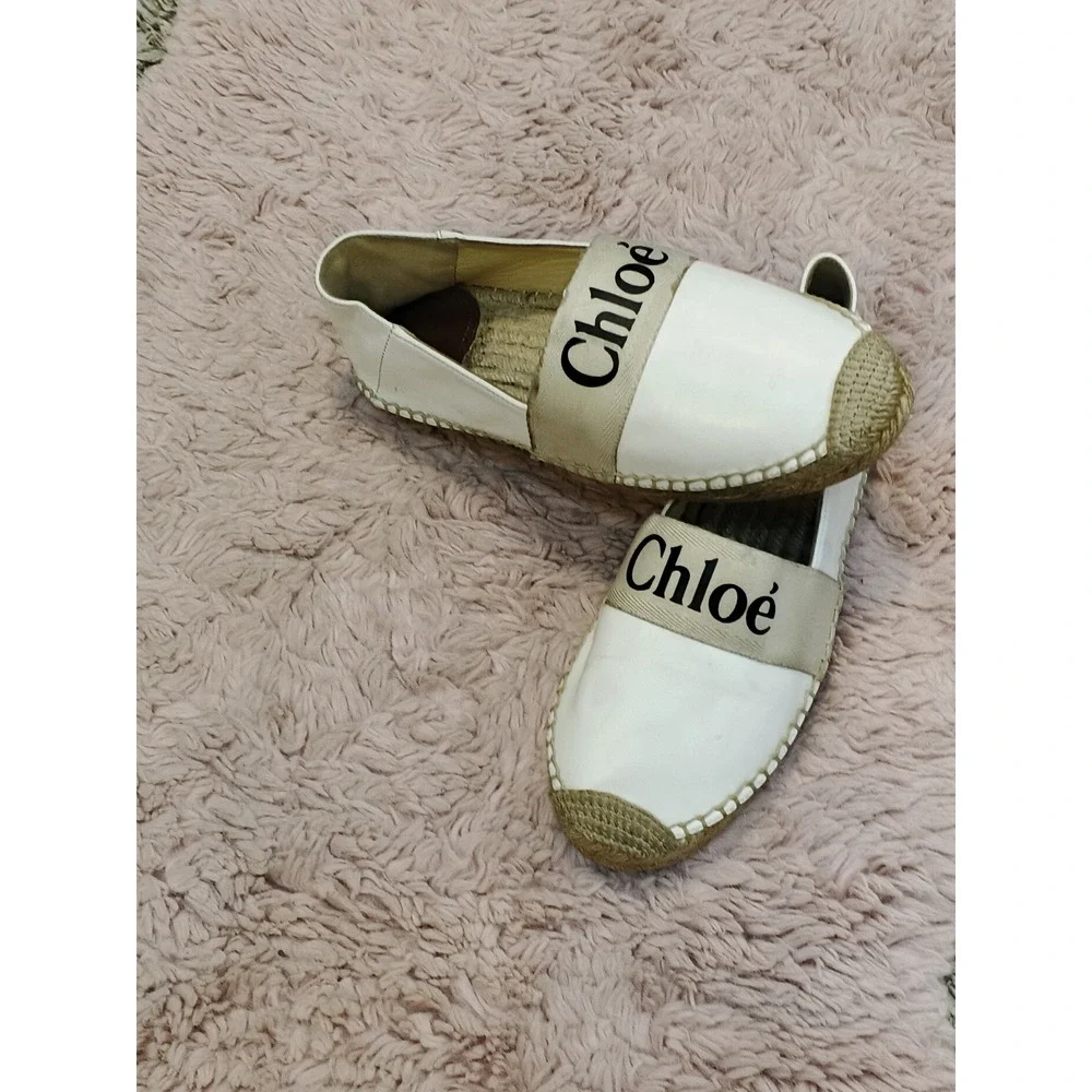 Chloe Woody Espadrille White Leather Logo Strap Slip On Flats Shoes‎